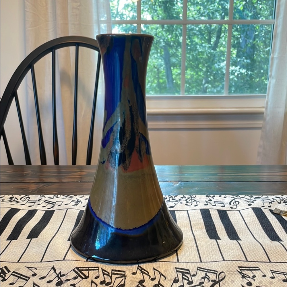Lemax Vtg Blue Rust Brown Accent Stoneware Drip Vase Modern Sleek Elegance